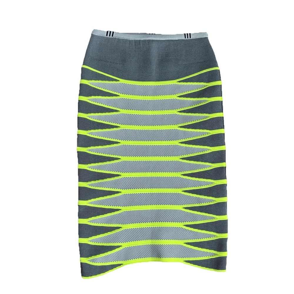 Alexander Wang Curved Hem Knit Pencil Skirt Gray Neon Geometric Size Medium